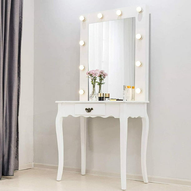 Warm Led Lights Makeup Mirror Drawer, White Vanity Dressing Table Set