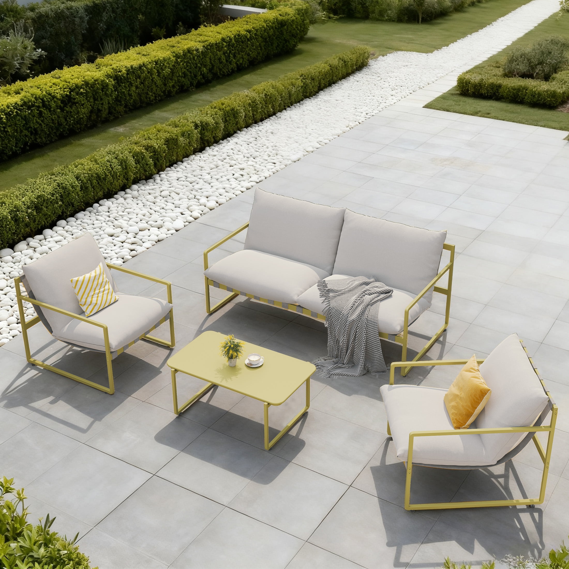 GRANDPATIO 4-Piece Patio Furniture Set All-Metal Frame Wide Webbing Outdoor Conversation Set with Olefin Cushions,Moss Green