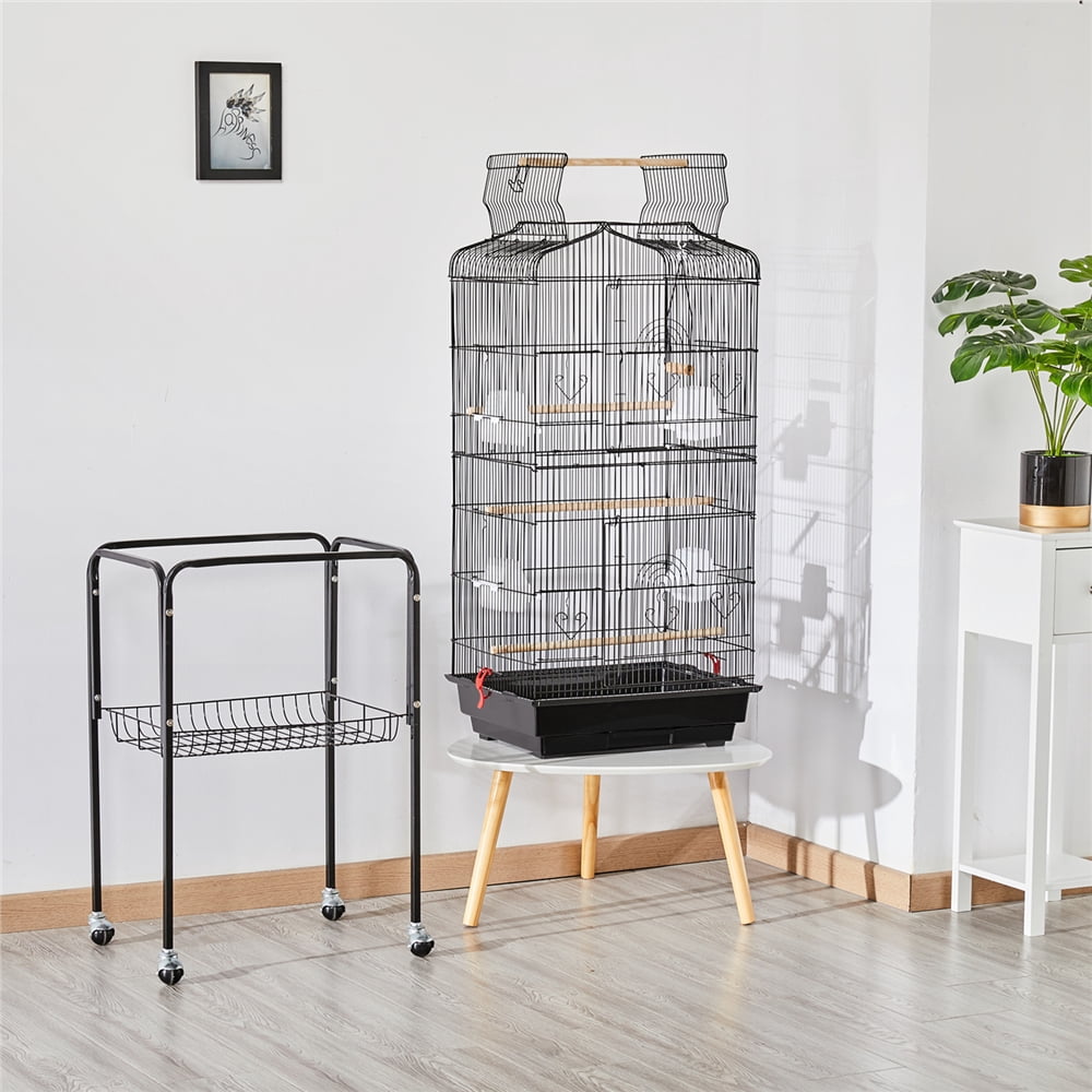 Renwick 64"H Open Top Rolling Metal Birdcage for Budgie Parrot Canary Cockatiel, Black