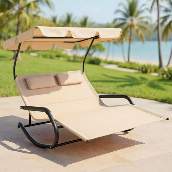 Resenkos Outdoor 2 Persons Rocking Chaise Lounge with Canopy and Wheels, Outdoor Glider Rocking Chair Cushion Lawn, Outdoor Furniture for Porch,Backyard,Indoor and Garden, Beige