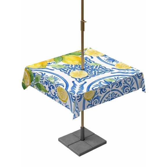 Outdoor Tablecloth with Umbrella Hole for Patio/Picnic/Party/Camping, Watercolor Lemons Weeping Waterproof Table Cloth Square Cover Washable, Summer Blue Floral (60"x 60")