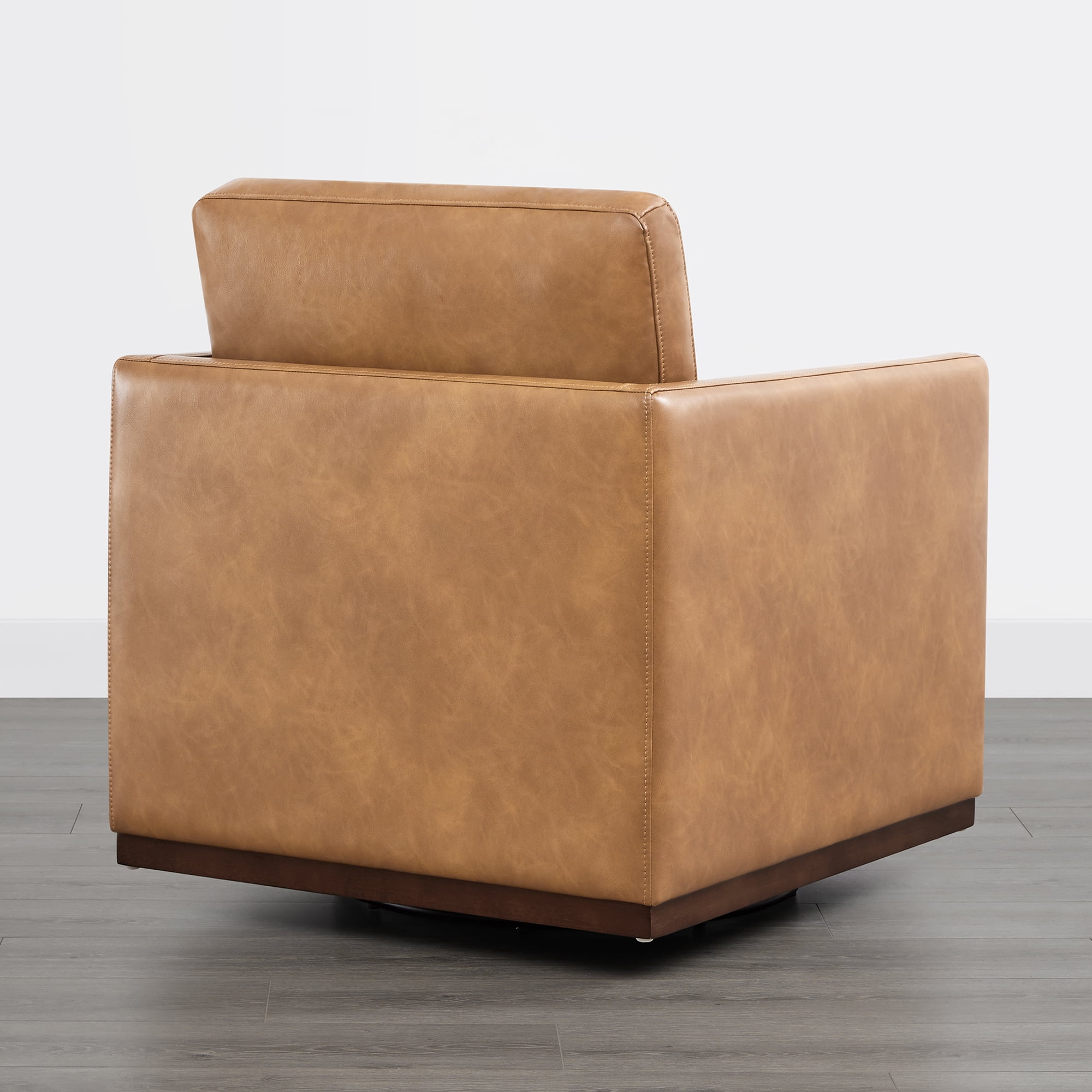 Spruce & Spring Modern Swivel Accent Arm Chair with Plush Cushions and Wooden Base, Single, Cognac Brown-Faux Leather