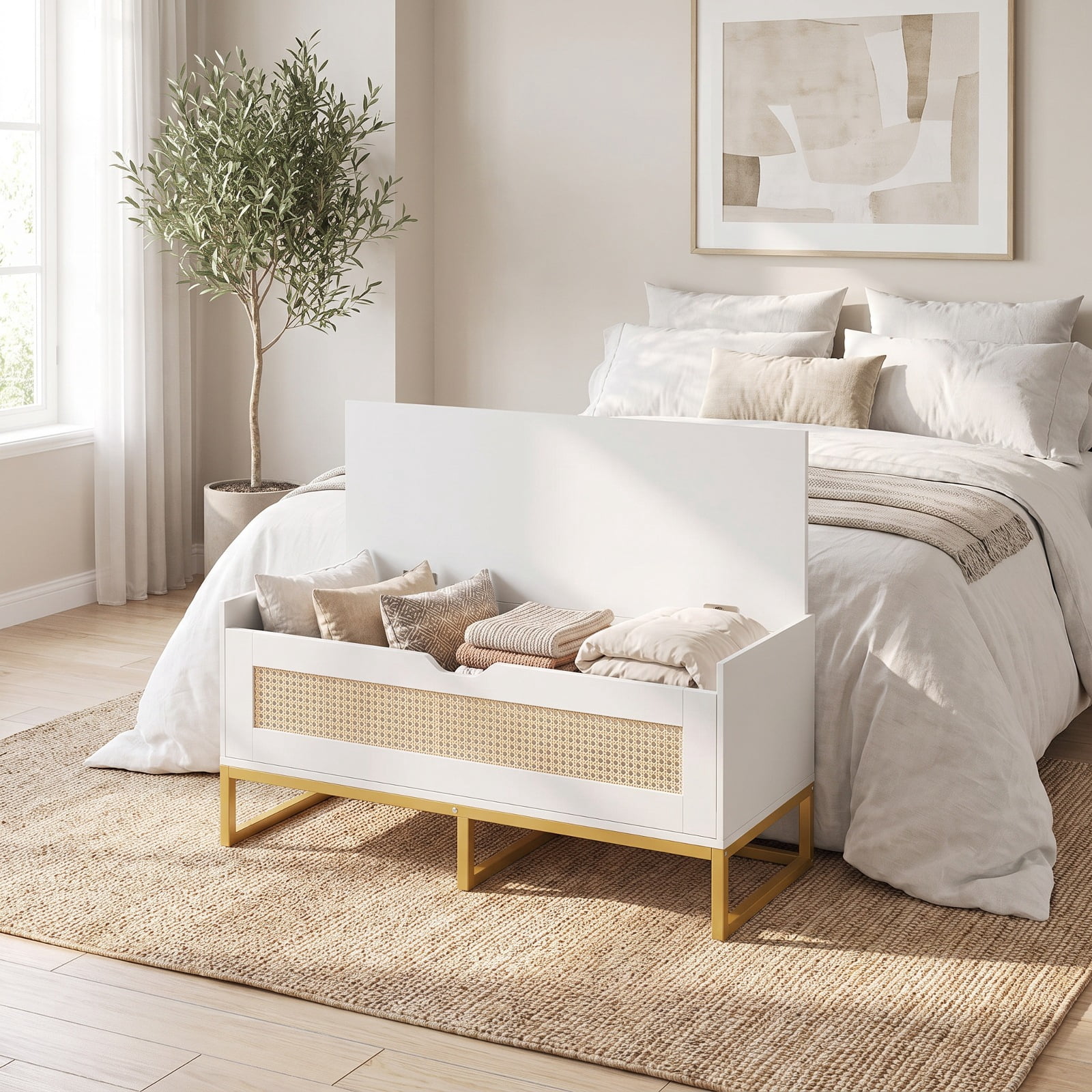 Furnibear 39.5 Inch Rattan Storage Chest Wicker Shoe Storage Bench with Padded Seat and Flip Top Lid for Entryway Bedroom and Living Room, White