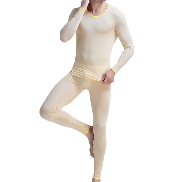 Jumpingount Conjunto de ropa interior para hombre, ropa de dormir de seda helada para otoño e invierno, ropa de abrigo de Color sólido, camiseta interior conjuntos de ropa Color de piel/M Jumpingount AP013755-13