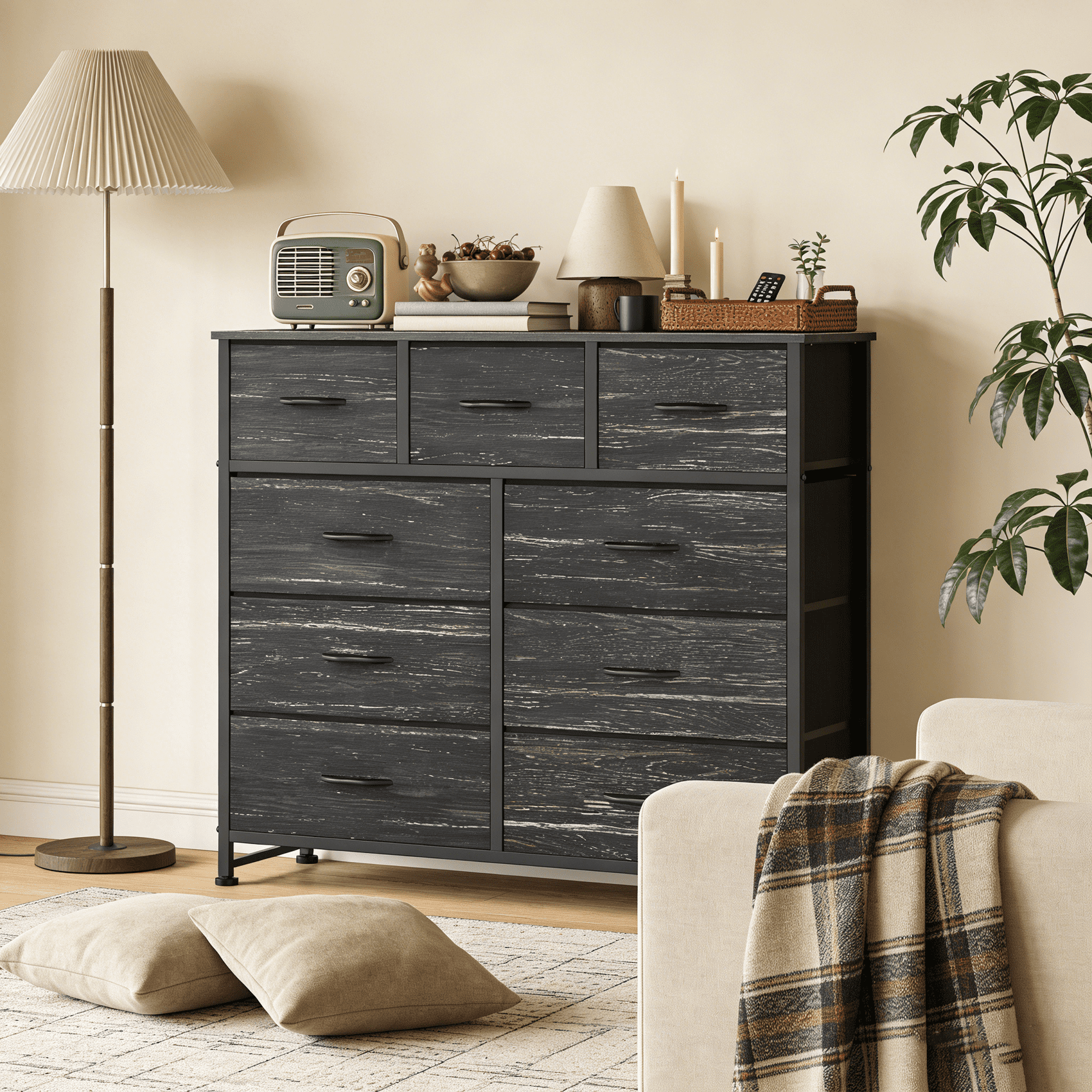 Aidoly 9-Drawer Wide Fabric Storage Dresser with Wooden Top - Space-Saving Bedroom & Closet Organizer, Charcoal Black