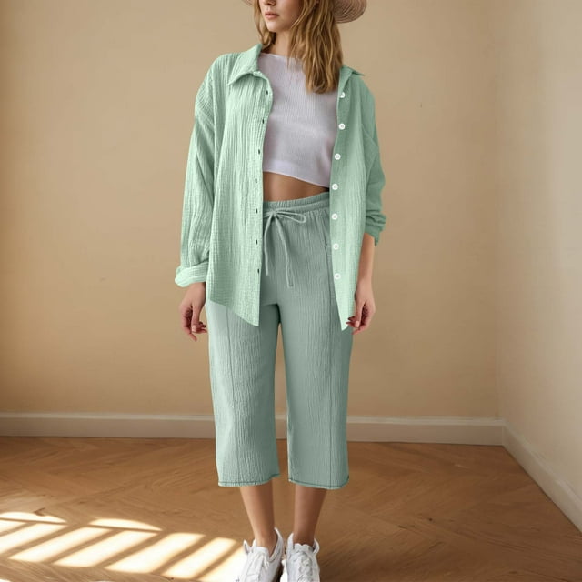 Soki Women 2 Piece Linen Sets Button Down Shirt and Drawstring Capri Pants Set Summer Outfits