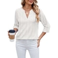 thumbnail image 4 of BadPiggies Women's Blouses V Neck Rolled Up 3/4 Length Sleeve Tops Casual Jacquard Fall Shirts (2XL, White), 4 of 8