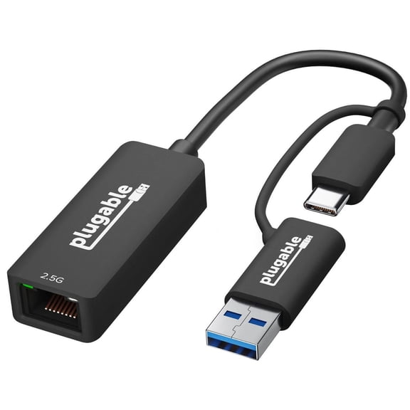 Plugable 2.5G USB C and USB to Ethernet Adapter, 2-in-1 Adapter Compatible with USB-C Thunderbolt 3 or USB 3.0, USB-C to RJ45 2.5 Gigabit LAN Ethernet, Compatible with Mac and Windows