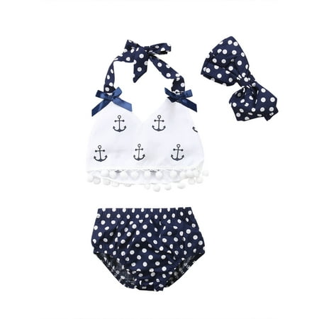 

Infant Baby Girls Clothes Anchor Tops+Polka Dot Briefs+Head Band Outfits Set Sunsuit 0-24M