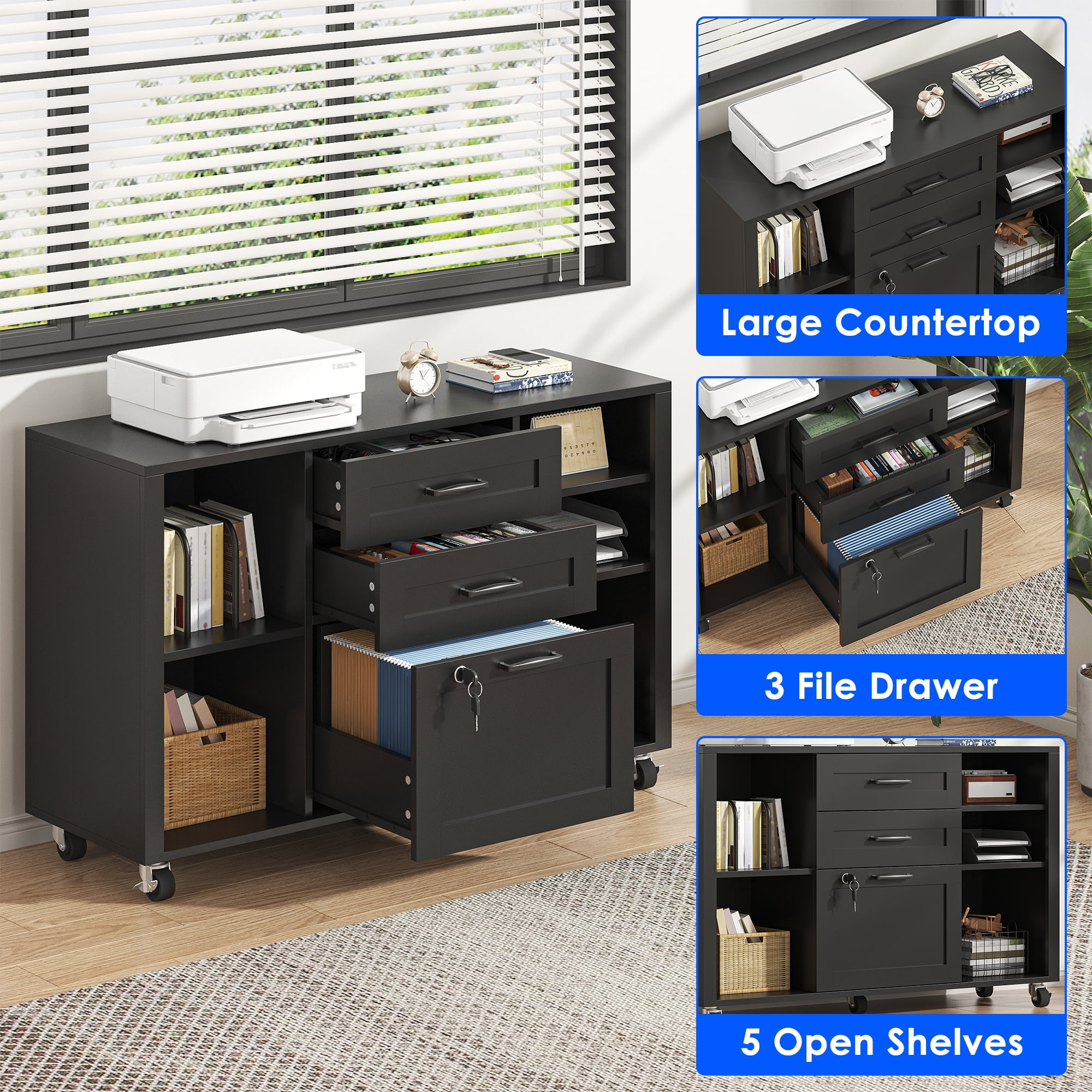 Modfurne 3 Drawer Wood Mobile Large lateral File Cabinet, Lockable Rolling Filing Cabinet, Printer Stand Home Office Storage Fits Files Legal/A4 (Black)