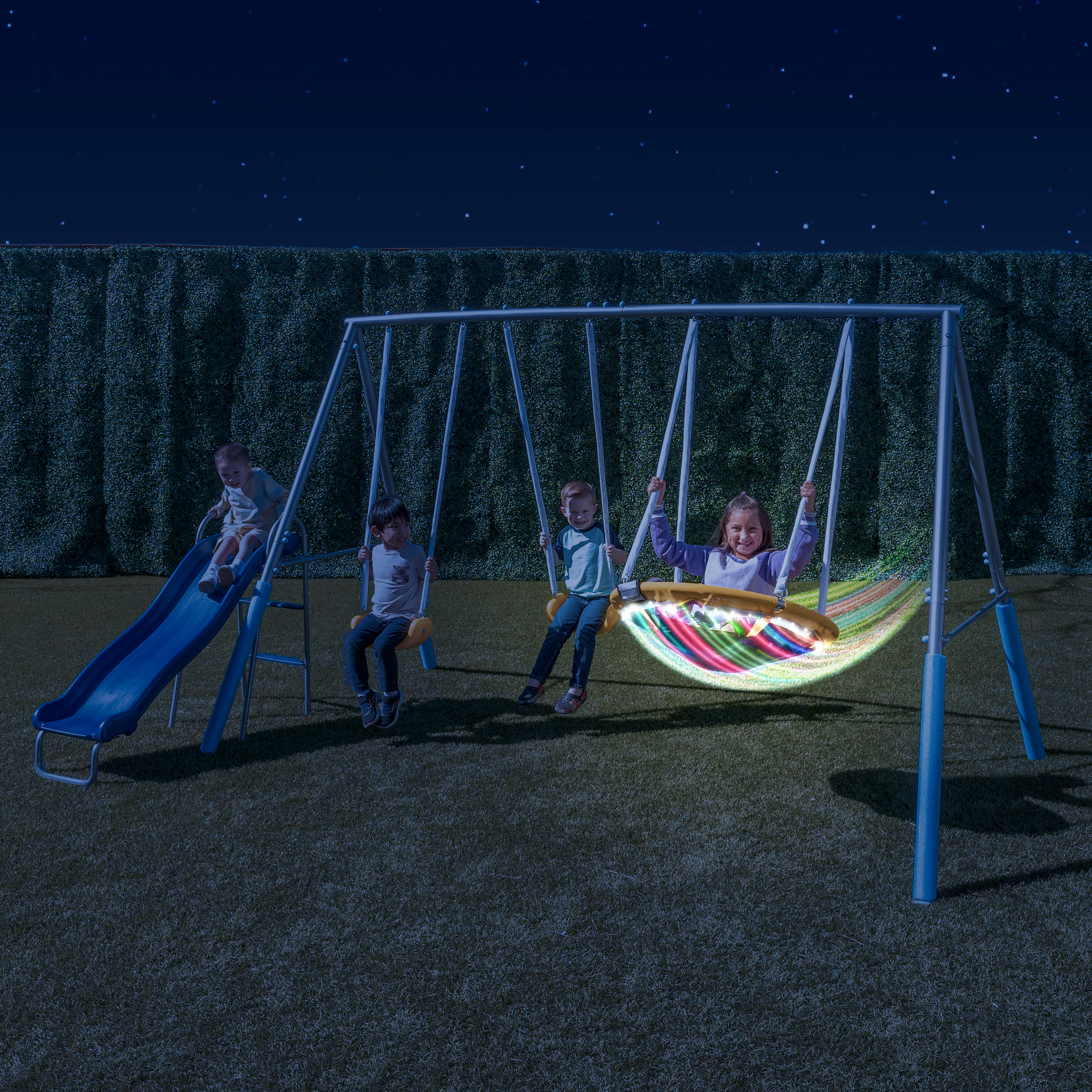 Sportspower Comet Metal Swing Set with LED Light up Saucer Swing, 2 Swings, and Lifetime Warranty on Blow Molded Slide - image 3 of 15