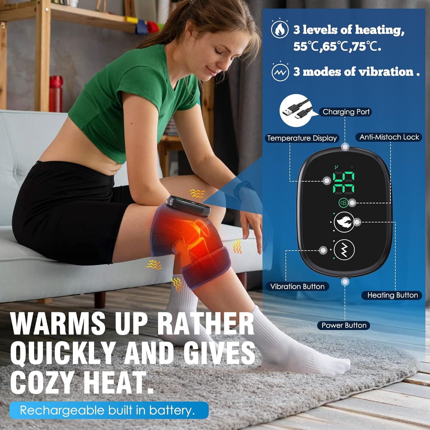 Cordless Knee Massager with Heat and Vibration, Heated Shoulder Brace Elbow Wrap, Heating Pads for Knee Shoulder Elbow Deep Issue, Knee Heating Pad for Muscle(2pcs)