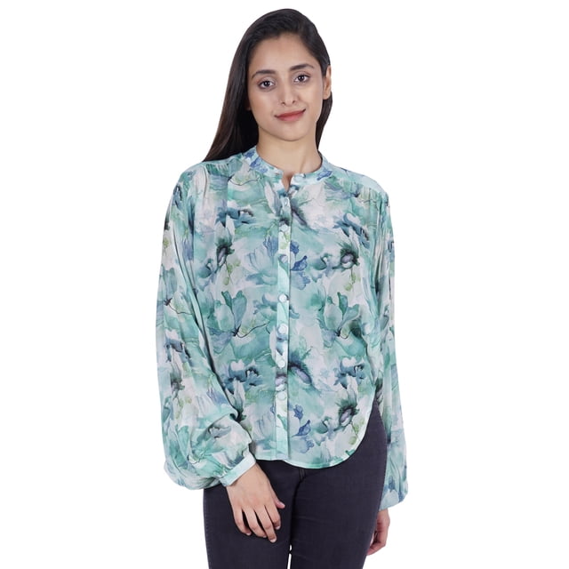 Moomaya Chemise Boutonnée Imprimée pour Femmes Col Mandarin Manches Longues Haut d'Été