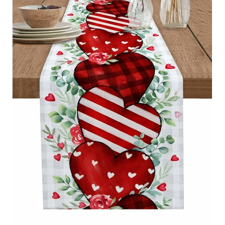 

Table Runner Dresser Scarves 48 Inch Long Valentine s Day Romantic Heart Linen Dining Table Runners Green Leaves on Grey Plaid Tabletop Scarf for Wedding Holiday Party Kitchen