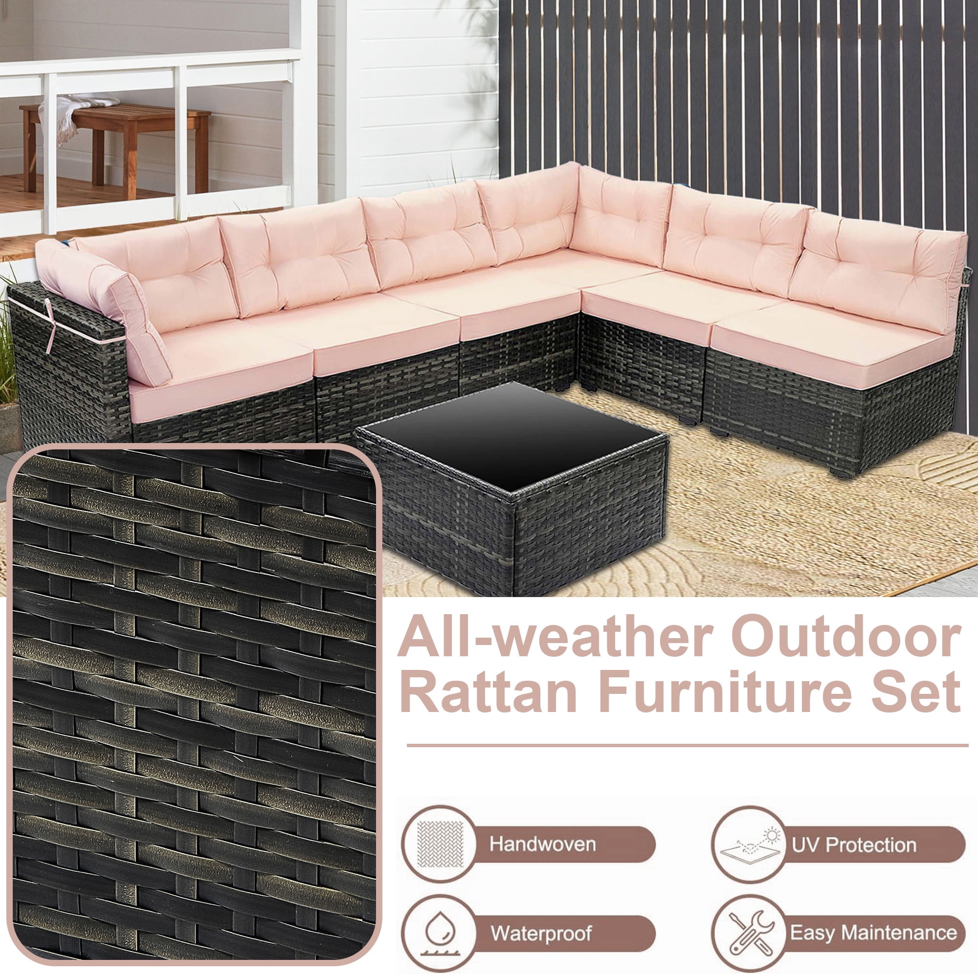7 Pcs Patio Sofa Couch Sets, Brown Rattan Outdoor Sectional Furniture with Beige Cushions and Coffee Table, Patio Seating Sets for Garden Deck Backyard
