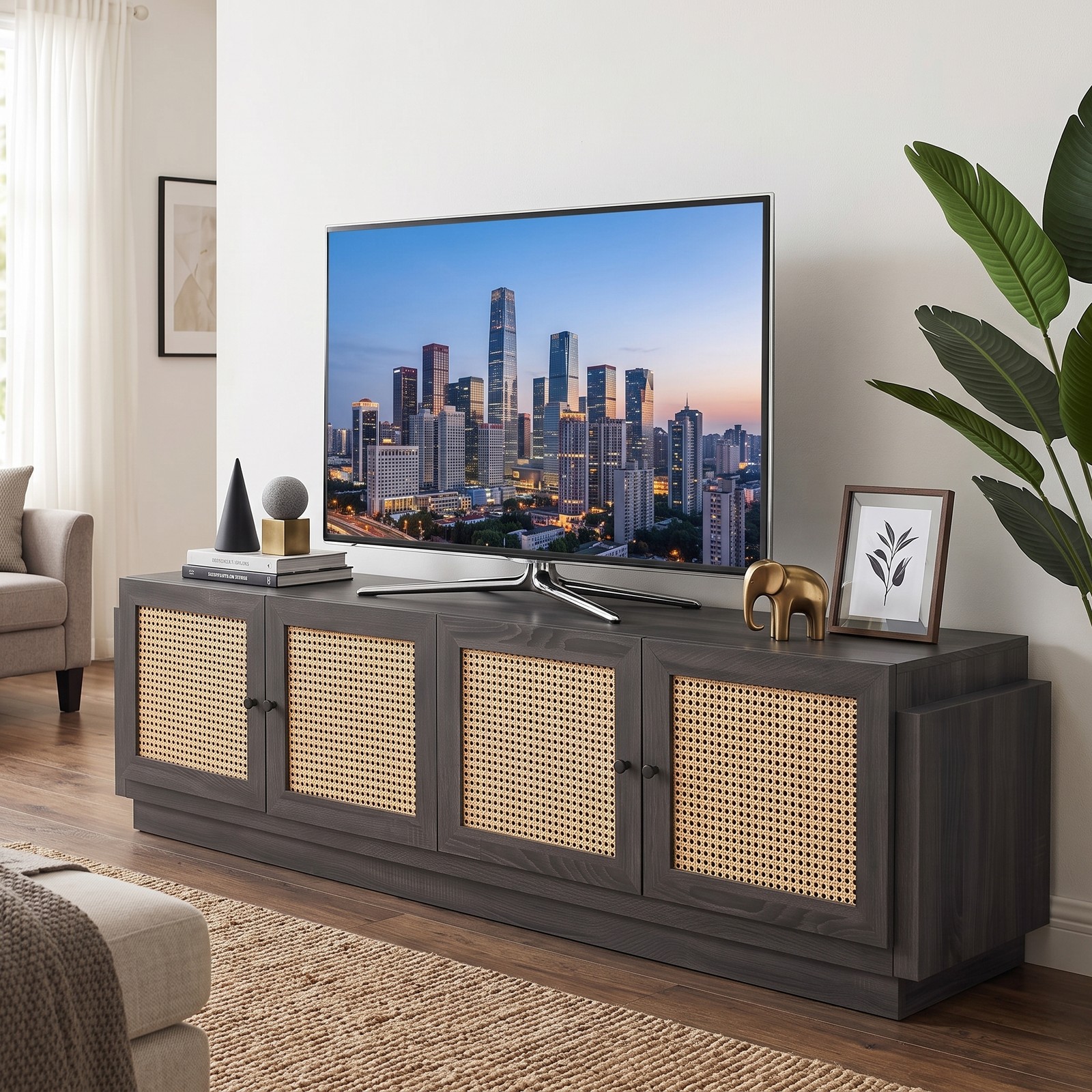 Furnibear Farmhouse TV Stand for TVs up to 75 Inches, 70 Inch Entertainment Center with PE Rattan Cabinet Doors and Adjustable Shelves, Rattan Media Console for, Black