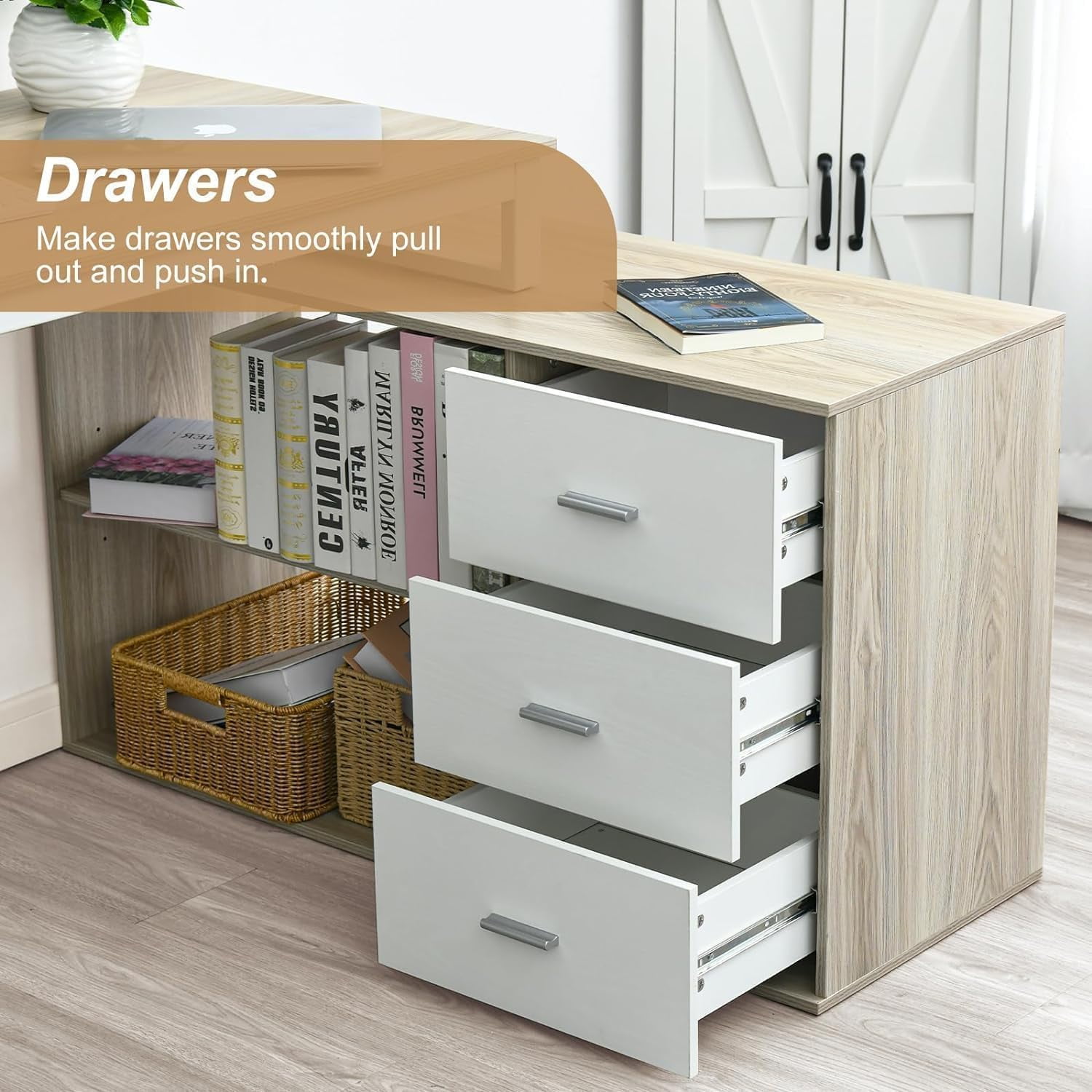 DreamCurship 55 Inch Reversible L Shaped Desk with 3 Storage Drawers, Computer Desk with Shelves and Monitor Stand, Corner Desk for Small Spaces, White and Walnut
