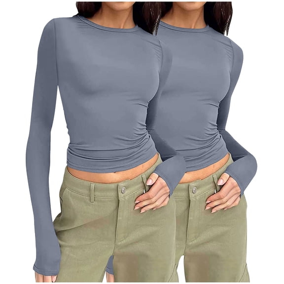 CaiJunJia 2 Pack Women's Fall Long Sleeve Tight T Shirts Y2k Crew Neck Slim Fit Going Out Crop Tops Sexy Basic Tee