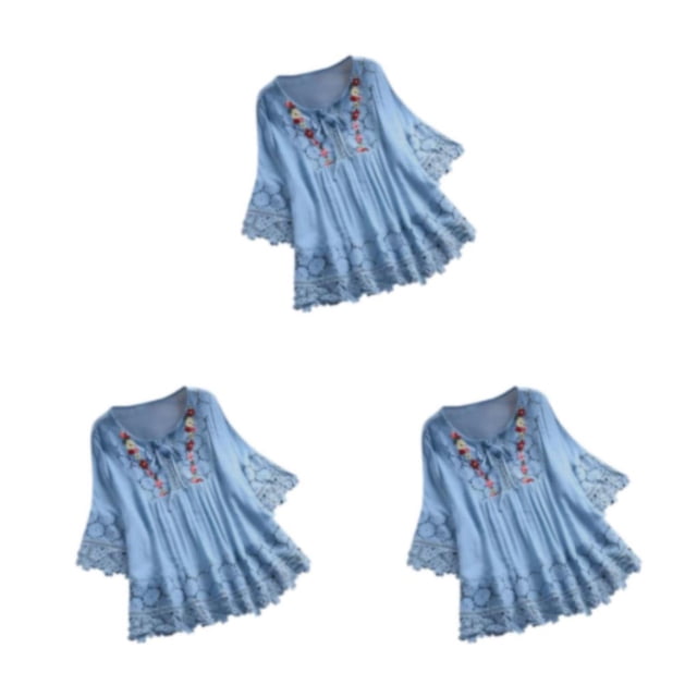 Top Vintage Qarigey para Mujer, Blusa con Cuello en V, Lazo, Azul, S, L, XL, XXL, 3XL, 4XL, 5XL