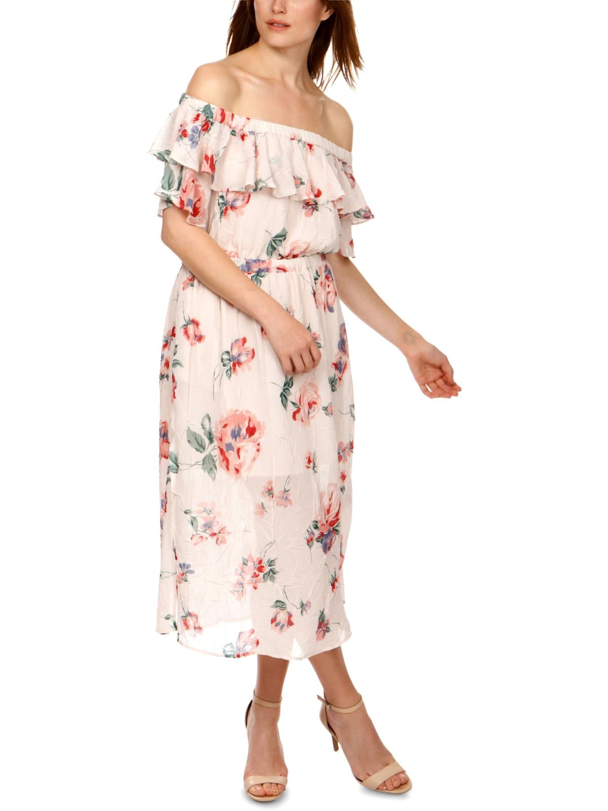Shoulder Floral Print Midi Dress 