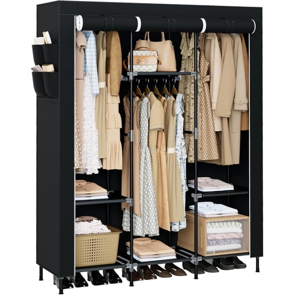 Portable Closet, 51.2 Inch Large Capacity Wardrobe Closet with Cover, Clothes Storage Organizer with Shelves and 3 Hanging Rods, Easy to Assembly, Black PCT203B01