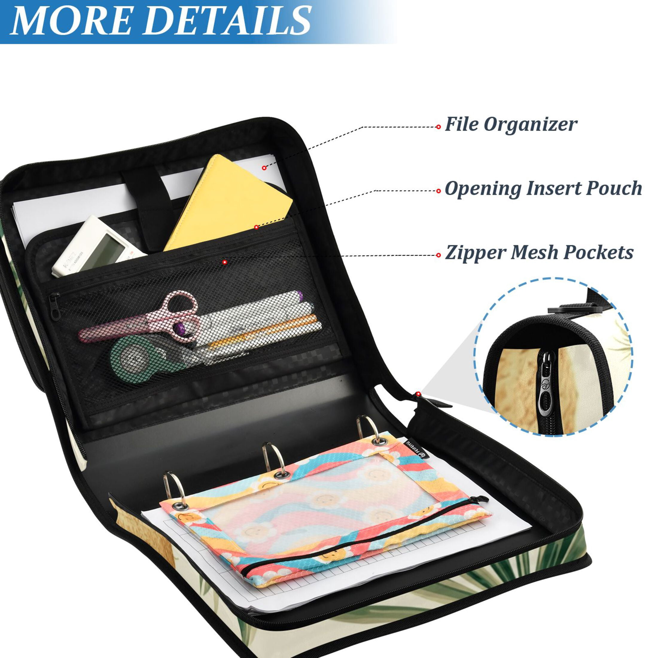 3 Ring Zipper Binder with Shoulder Strap Waterproof Trapper Keeper 2 Inch D-Ring 500 Sheets Capacity Cockatoos Coconuts Leaf