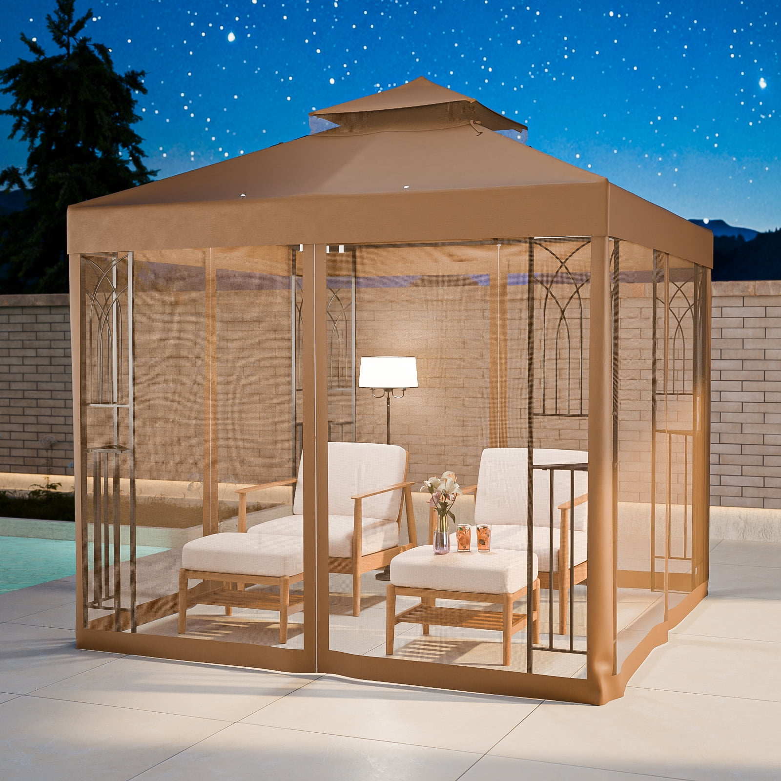 COOS BAY 8 ft. W x 8 ft. D Brown Outdoor Patio Soft Vented Top Gazebo with Zipped Netting, Corner Shelves, Ceiling Hook