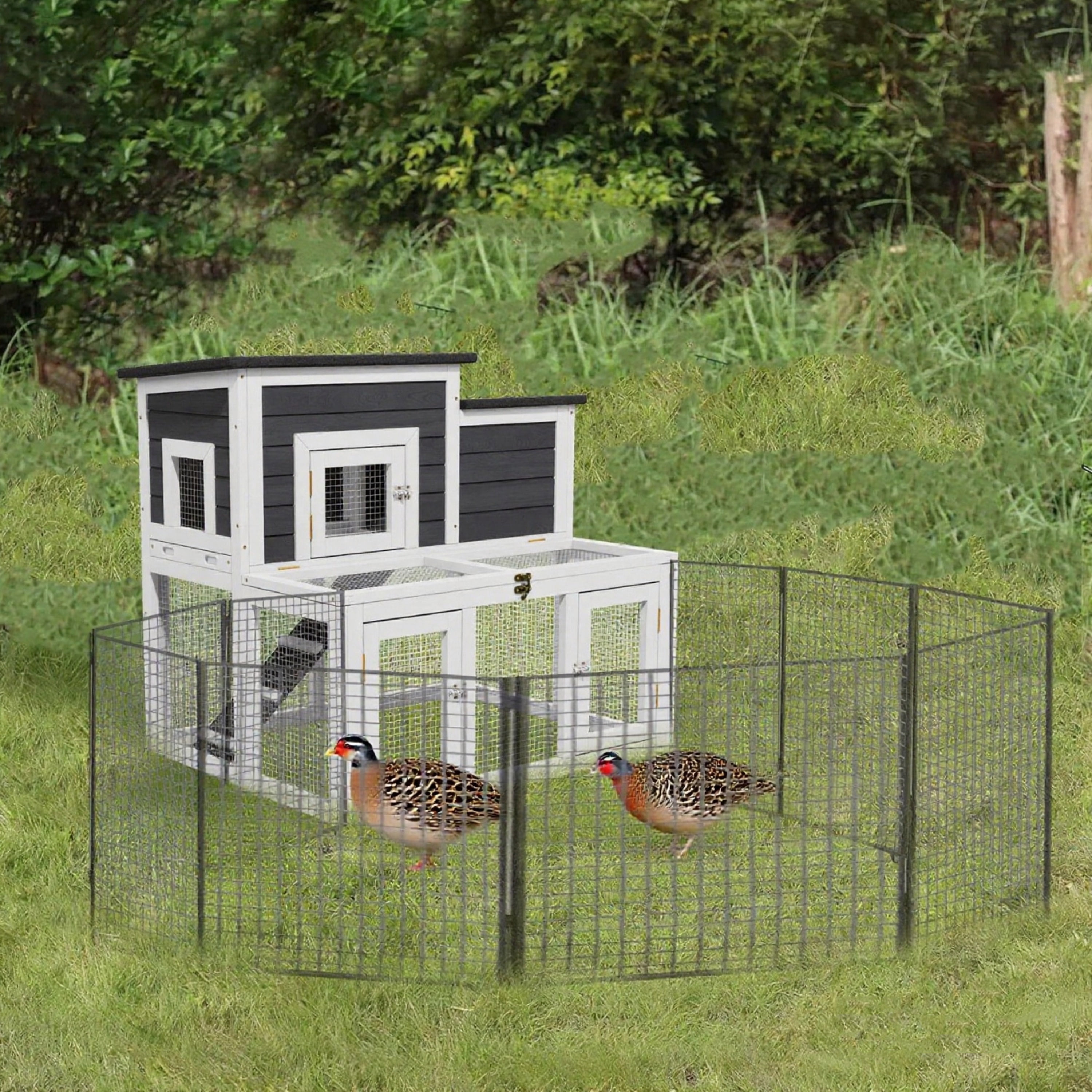 Large Outdoor Wooden Quail Cage Rabbit Hutch Chicken Coop with Run & Ramp，2 Tier