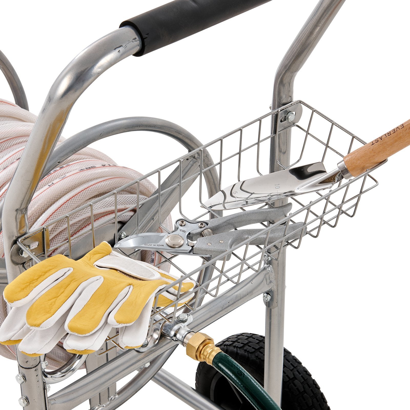 Hose Reel Cart with Storage Basket, Holds 250ft of 5/8" Garden Hose, Heavy Duty Steel Mobile Water Hose Carts with 4 Wheels for Lawn, Yard & Garden Outdoor Use