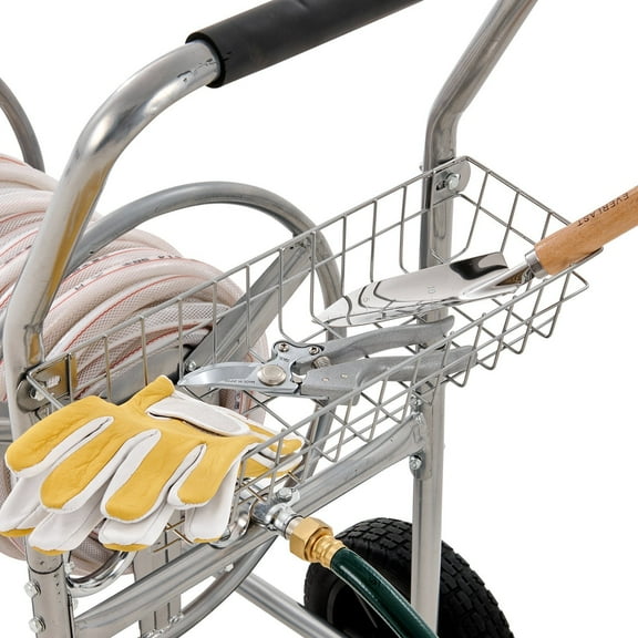 Hose Reel Cart, Hold Up to 250 ft of 5/8'' Hose, Garden Water Hose Carts Mobile Tools with 4 Wheels, Heavy Duty Powder-coated Steel Outdoor Planting with Storage Basket, for Garden, Yard, Lawn