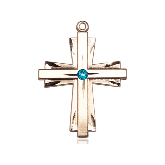 14kt Yellow Gold Cross Medal with 3mm December Blue Swarovski Crystal 1 1/4 X 7/8 inches