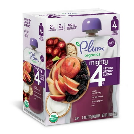 Plum Organics Mighty 4 Blends Apple, Blackberry, Purple Carrot, Greek Yogurt & Oat, 4oz (Pack of 4)