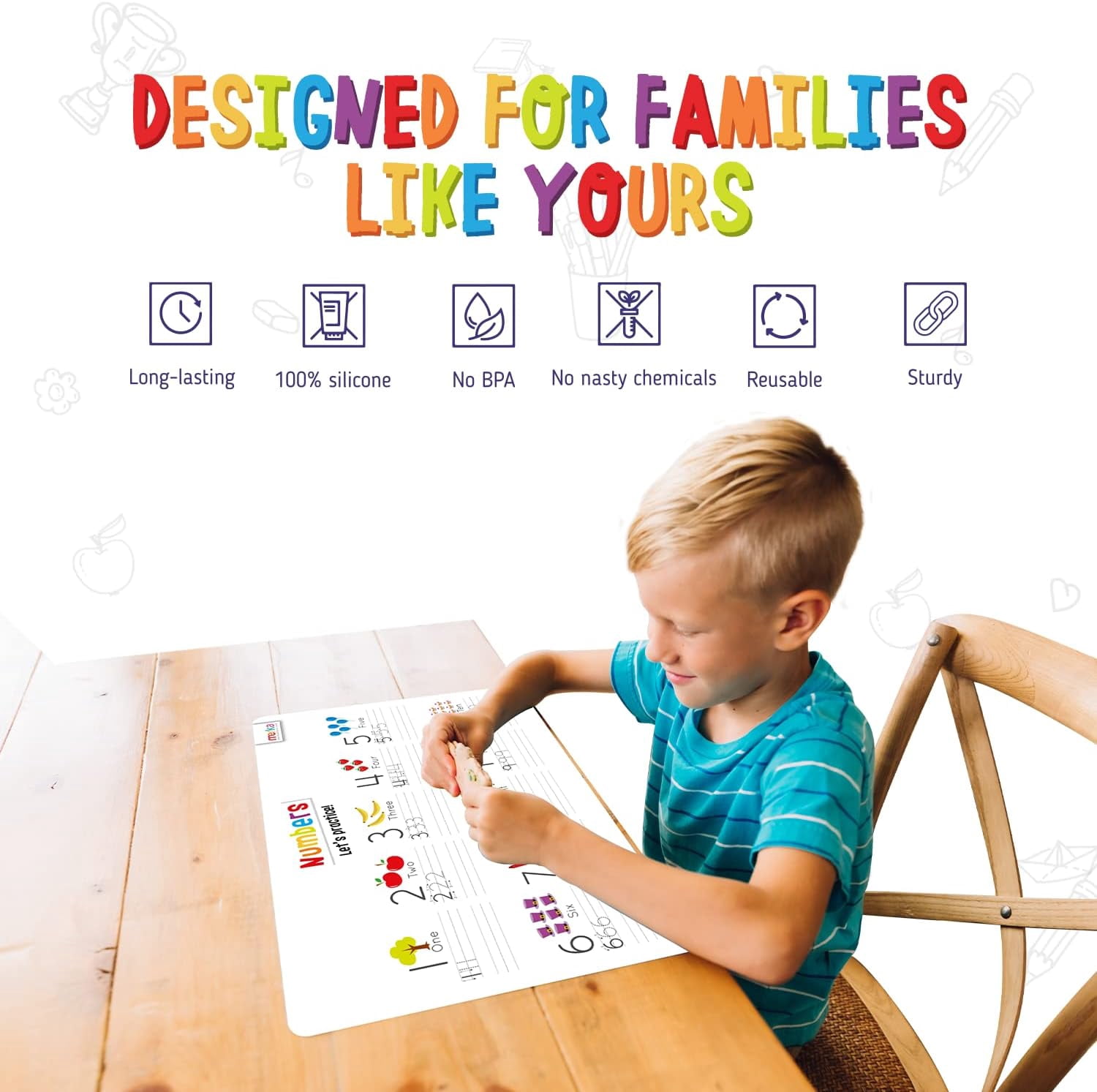 merka Alphabet Placemats for Kids Placemat Toddler Placemats for Dining Table Letters and Numbers Set of 4 Mats with 7 Dry Erase Markers for Ages 2 and Up