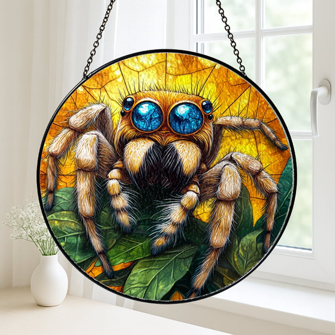 Real Glass Jumping Spider Window Hanging, Stained Glass Style Nature Decor