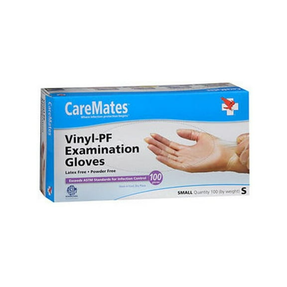 CareMates Vinyl-PF Exam Gloves, Small, 100 Count