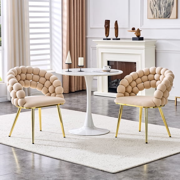 Dining Chair Set of 2, Beige Velvet Upholstered Accent Chairs with Gold Plated Legs, Ball Chain Bubble Chair for Kitchen, Dining Room