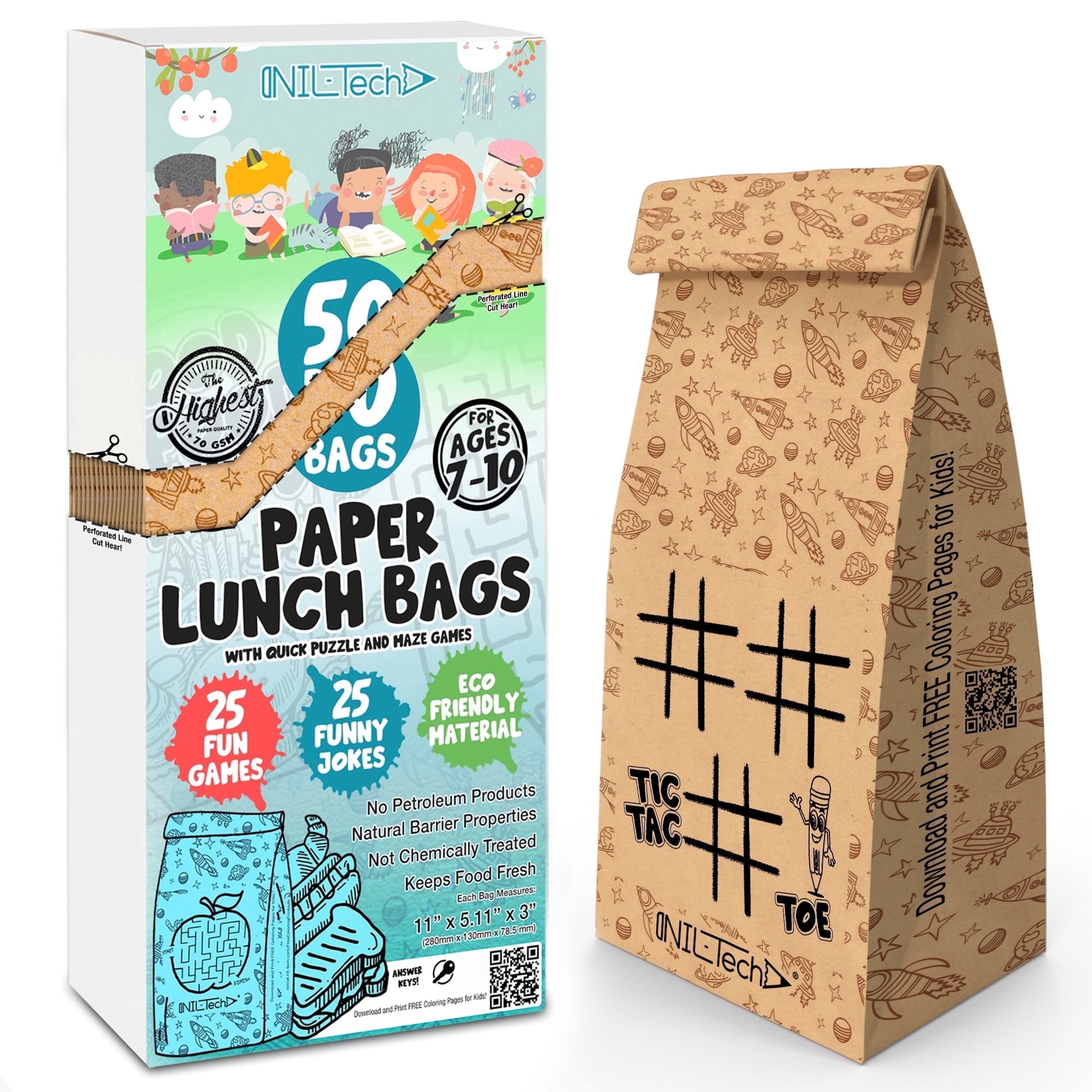 NIL Tech Brown Paper Lunch Bags for Kids – 50 Count with Games, Jokes, and Riddles