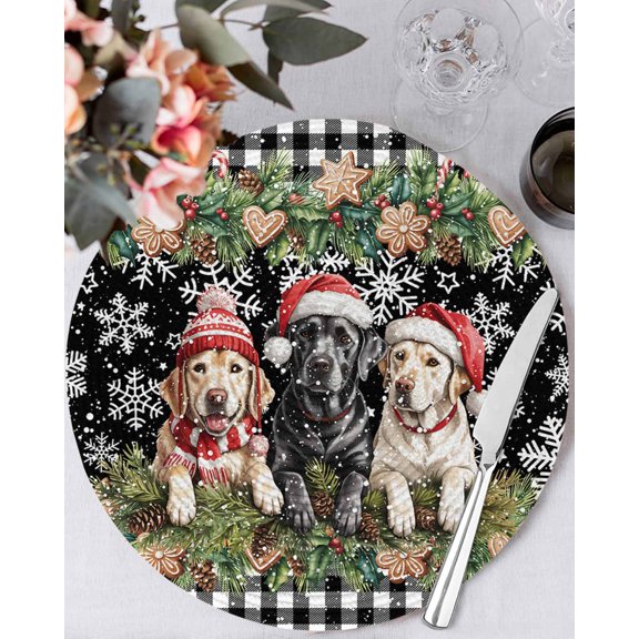 15 Inch Round Placemats Set of 4, Christmas Dog Non Slip Heat Insulation PP Table Mats, Winter Xmas Gingerbread Snowflakes Black Washable Place Mats for Kitchen Dining Party Table Decor