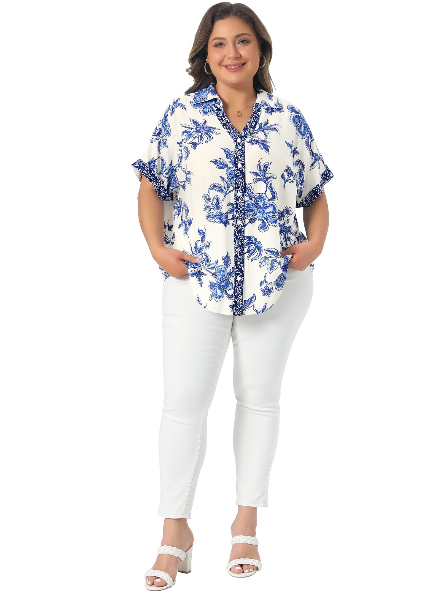 DARING DIVA Women's Plus Button Collared V Neck Short Sleeve Floral Tops 4X Blue