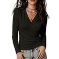thumbnail image 3 of LRGSHF Women Ruched Wrap Long Sleeve Tee, V‑Neck Slim‑Fit Casual Blouse for Fall Daily Wear, 3 of 6