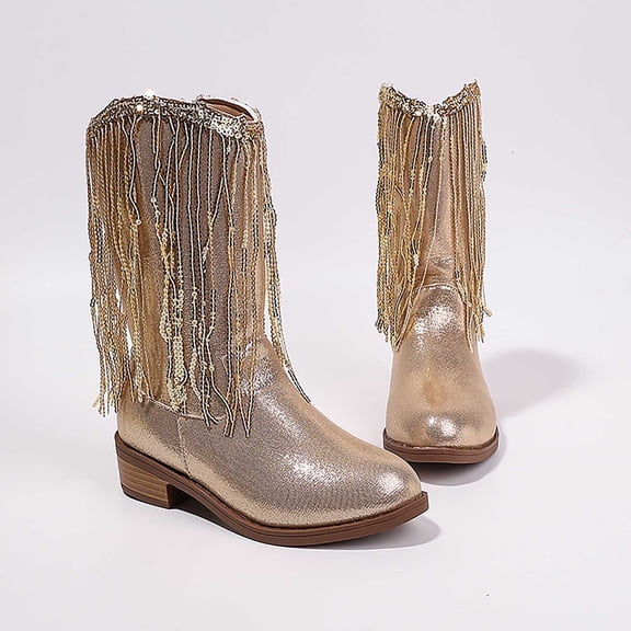 BRGZLK Girls Princess Boots Winter Stylish Pointed Toe Tassel Sequin Low Heels Western Cowboy Sequin Party Boots Mid Calf Riding Shoes for Party Dance Gold 8.5-9 Years