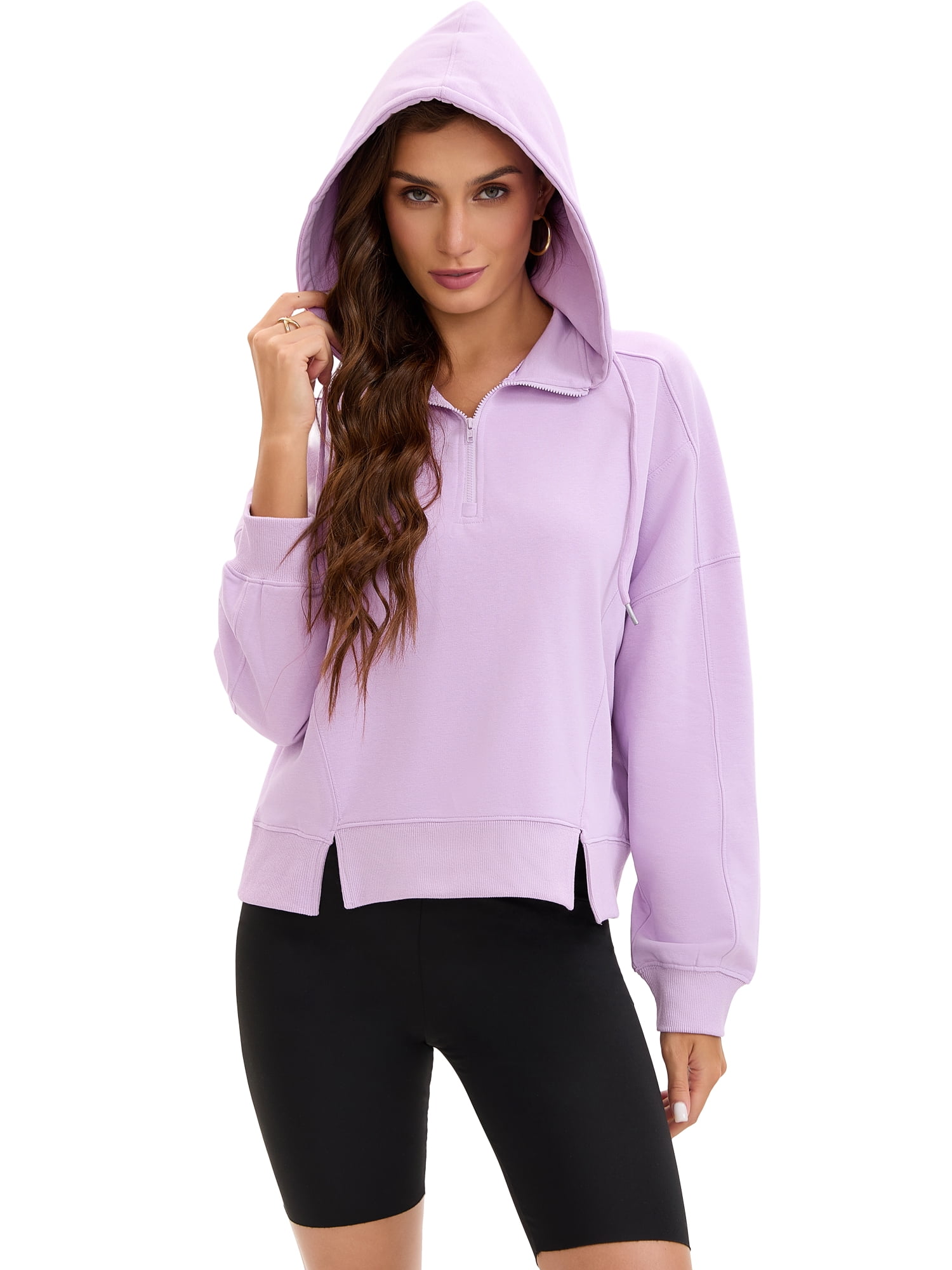 DARING DIVA Women's Stylish Cropped Half Zip Hoodie with Trendy Side Slits XL Purple