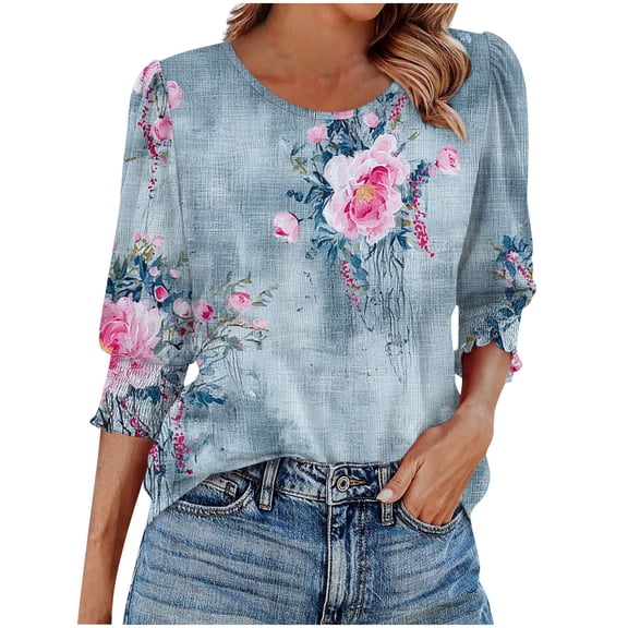 YYUIJK Women's 2025 Fashion Tops 3/4 Length Sleeve Business Casual Blouses Summer Tees Shirts Gray XL