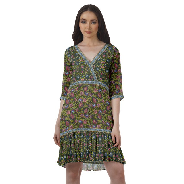 Moomaya Robe en Georgette Imprimée à Manches 3/4, Col en V, Grande Taille, Vêtements pour Femmes