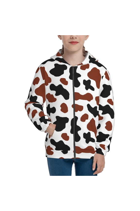 Brown Black Cow for Boys Fashion Full-zip Hoodies & Sweatshirts with Kangaroo Pocket,Zip-up Hooded Sweatshirt for Kid, Moisture Wicking & Breathable-Medium