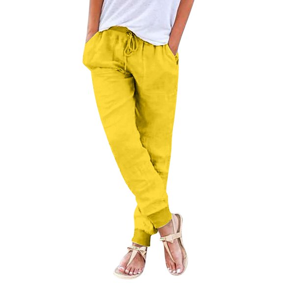 ManxiVoo Women's Everyday Casual Pants Comfortable Elastic Waist Trousers with Functional Pockets XL Size Yellow