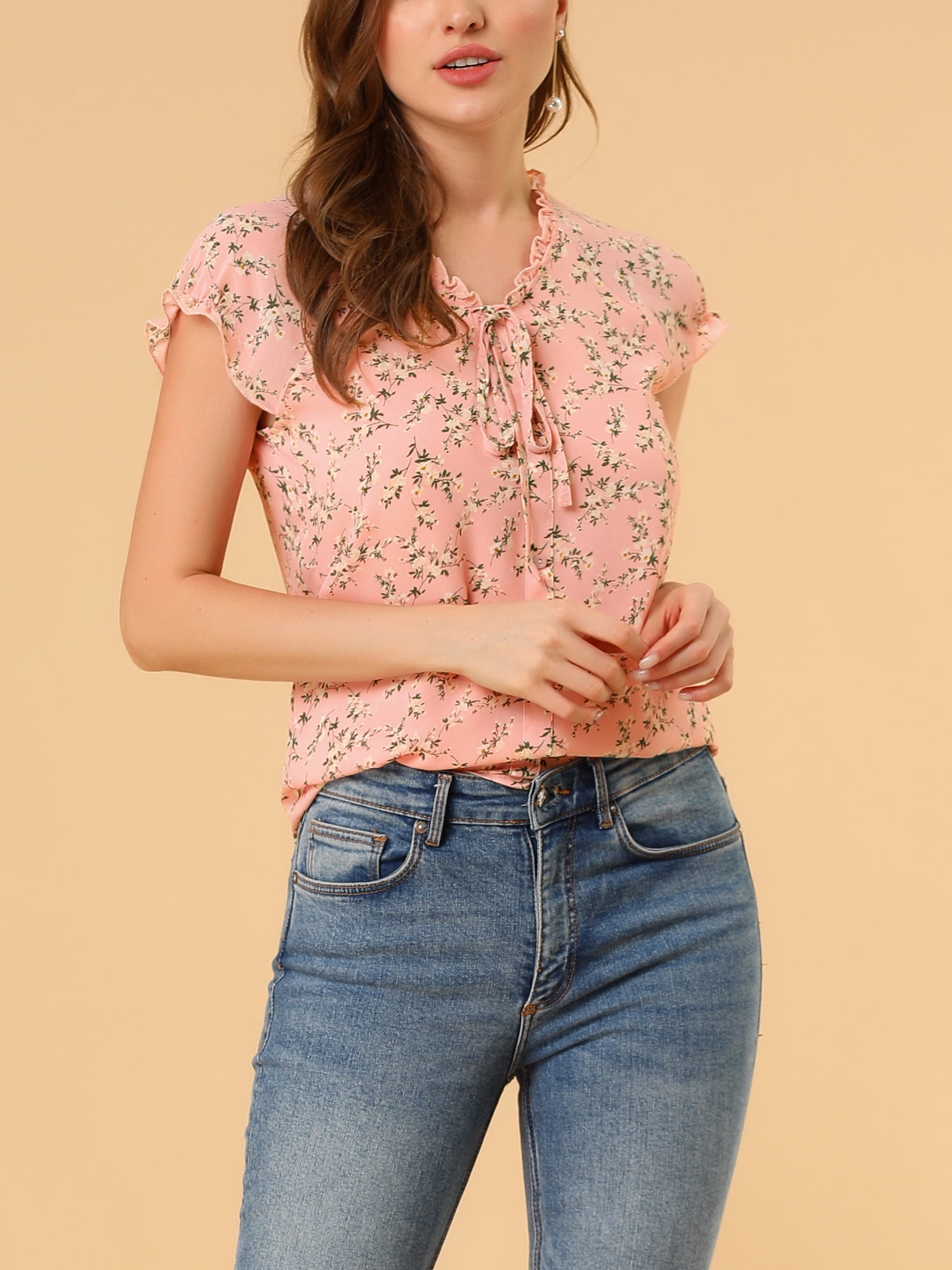 DARING DIVA Women's Ruffle V Neck Cap Sleeve Chiffon Floral Blouse Top XL Dark Pink