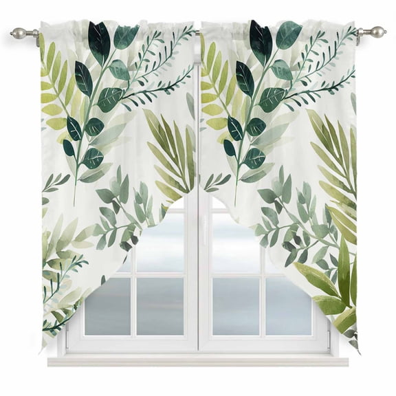 Green Leaves Swag Curtains for Kitchen/Bedroom/Living Room, Summer Botanical Farmhouse Watercolor Leaf Scalloped Curtains 63 Inch Long, Window Swag Topper Curtains Valances 2 Panels Set 36"x63"