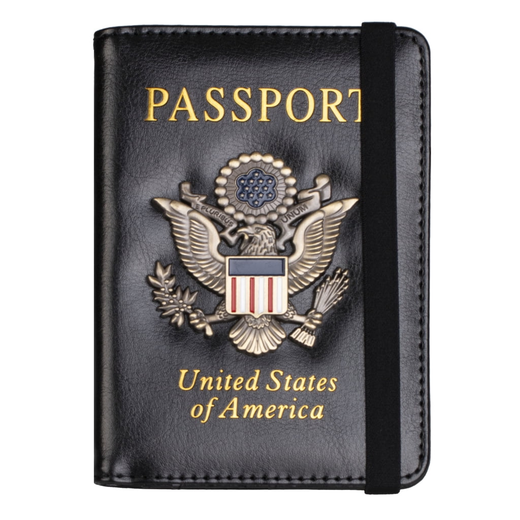 Black Genuine Leather US Passport Cover ID Holder Wallet Travel Case with Mirror 