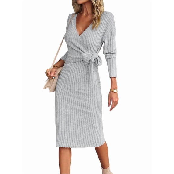 Women'S Long Sleeve Sweater Dress Side Split Bodycon Dresses Fall Midi Long Deep V Neck Fitted Spring